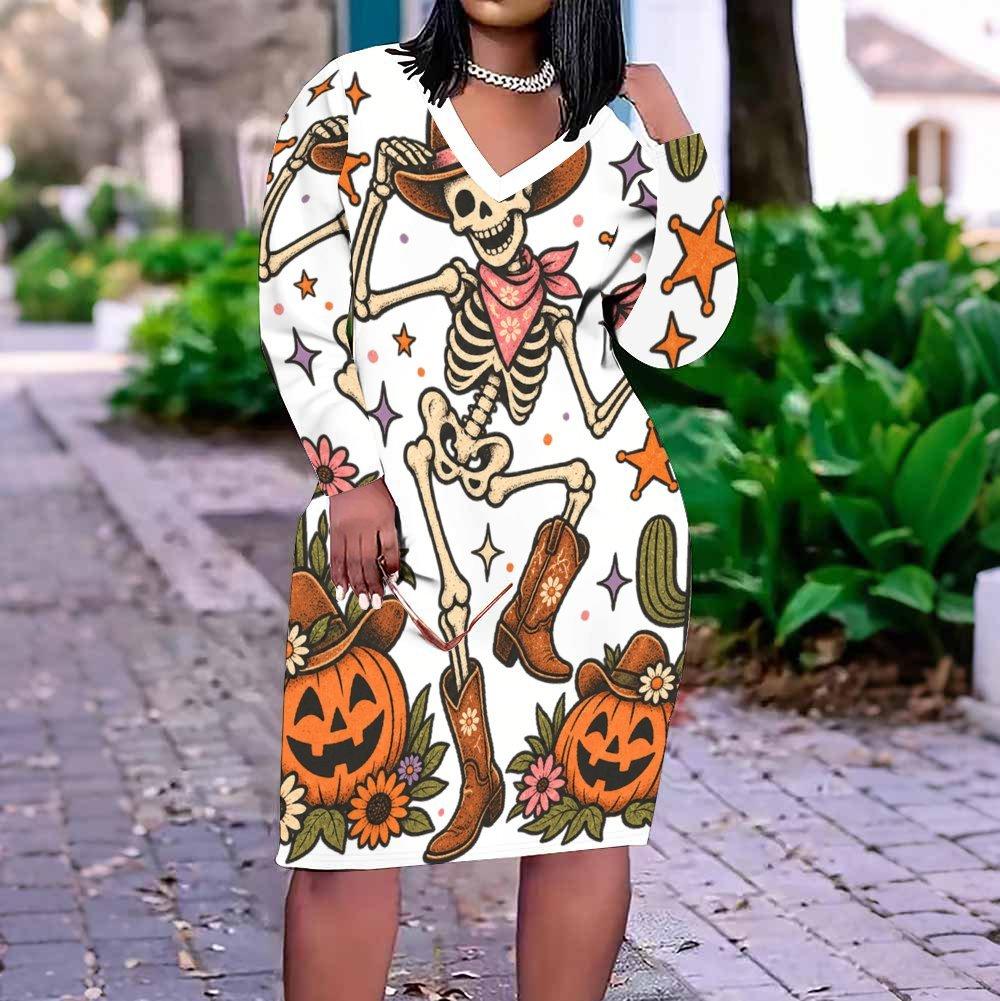 Women Plus Size V Neck Long Sleeve White Printed Straight Dress Cute Witch Raccoon Pumpkin Pattern