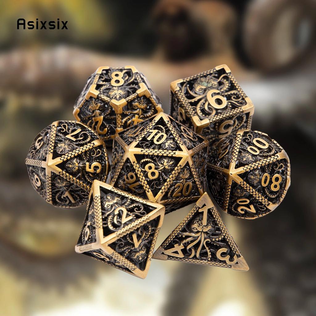 7 Pcs Coppery Squid Metal Dice Hollow Metal Polyhedral Dice Set Suitable for Role-Playing RPG Board Game Card Game