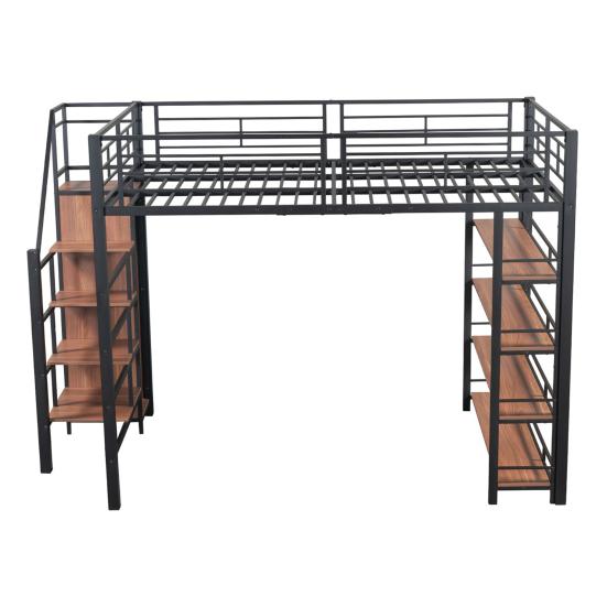Bunk Bed Youth with Safety Stairs Several Shelves Built-in Wardrobe Adult Strong Load Bearing Metal Frame Loft Home Furniture Double Layer