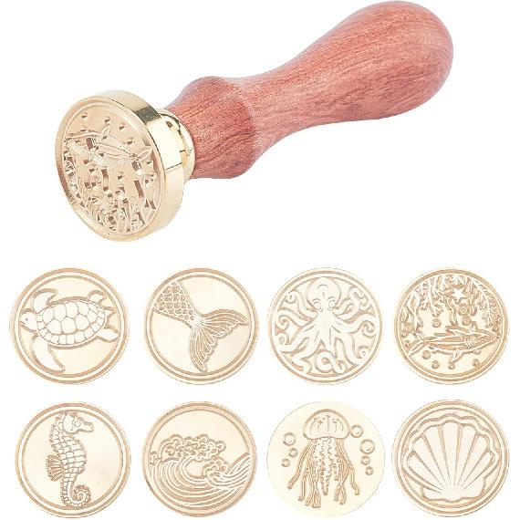 CRASPIRE Ocean Theme Wax Seal Stamp Kit Whale Turtle Shell Sealing Wax Stamp 25mm 8Pcs Removable Brass Heads 1pcs Wood Handles 1 Box for DIY