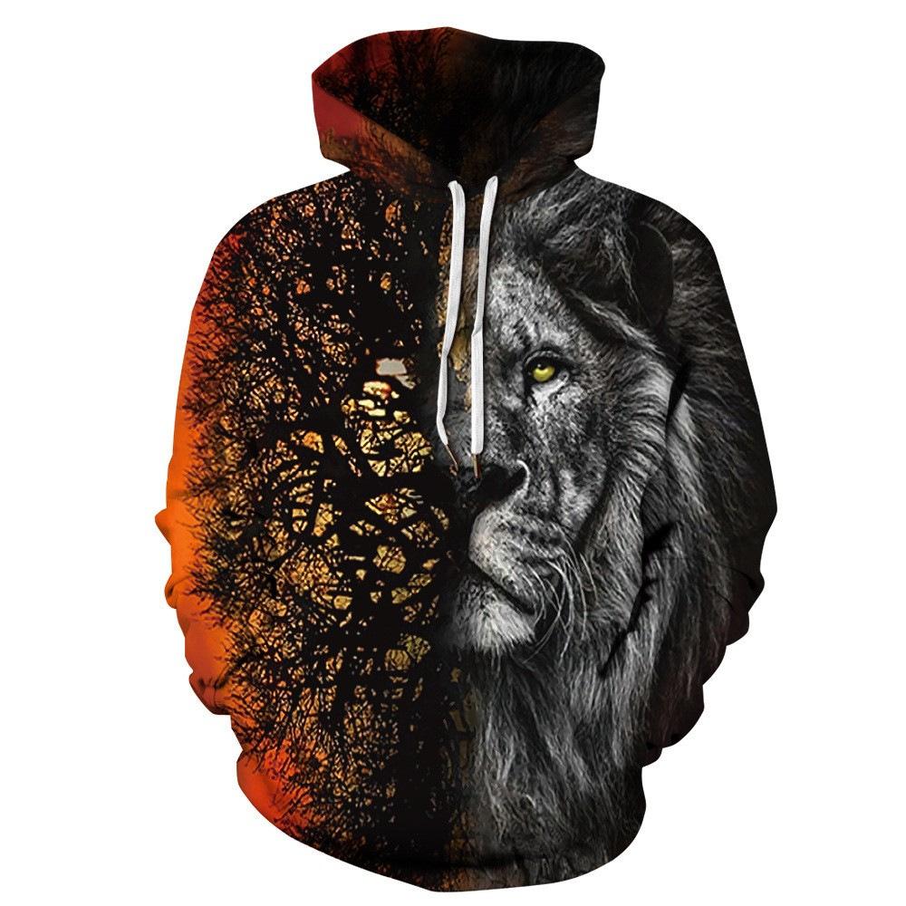Осень Новая толстовка с капюшоном с принтом льва 3D Digital, повседневная свободная толстовка
