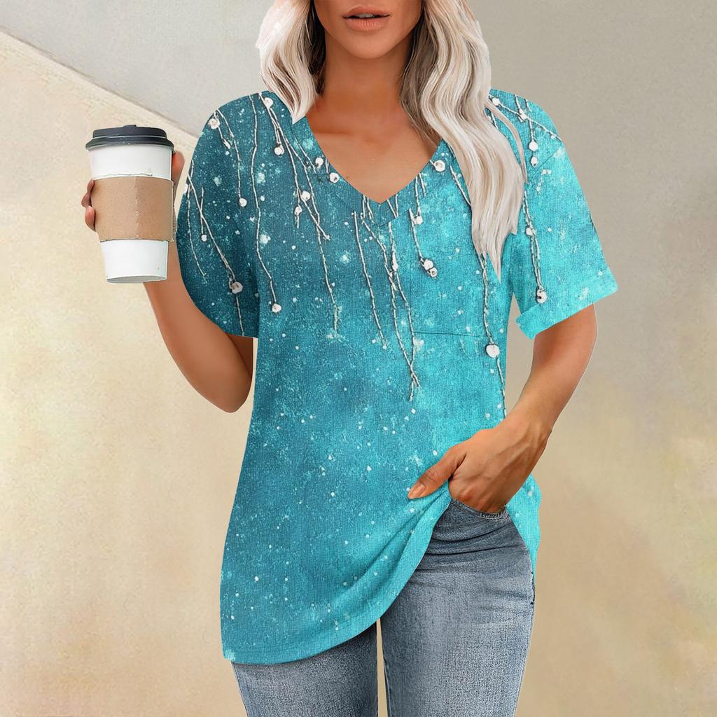 Женская модная футболка с коротким рукавом и V-образным вырезом с карманом и цветочным принтом