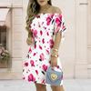 Women Plus Size Off Shoulder Short Sleeve Tie Cuff White Pink Floral Printed A Line Dress