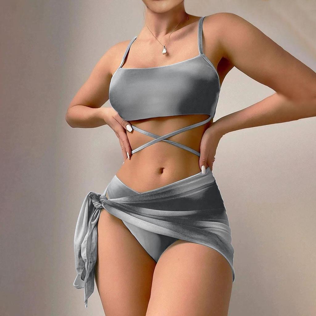 Женский однотонный купальник, женский купальник с разрезом на тонких бретельках и высокой талией, комплект из четырех предметов