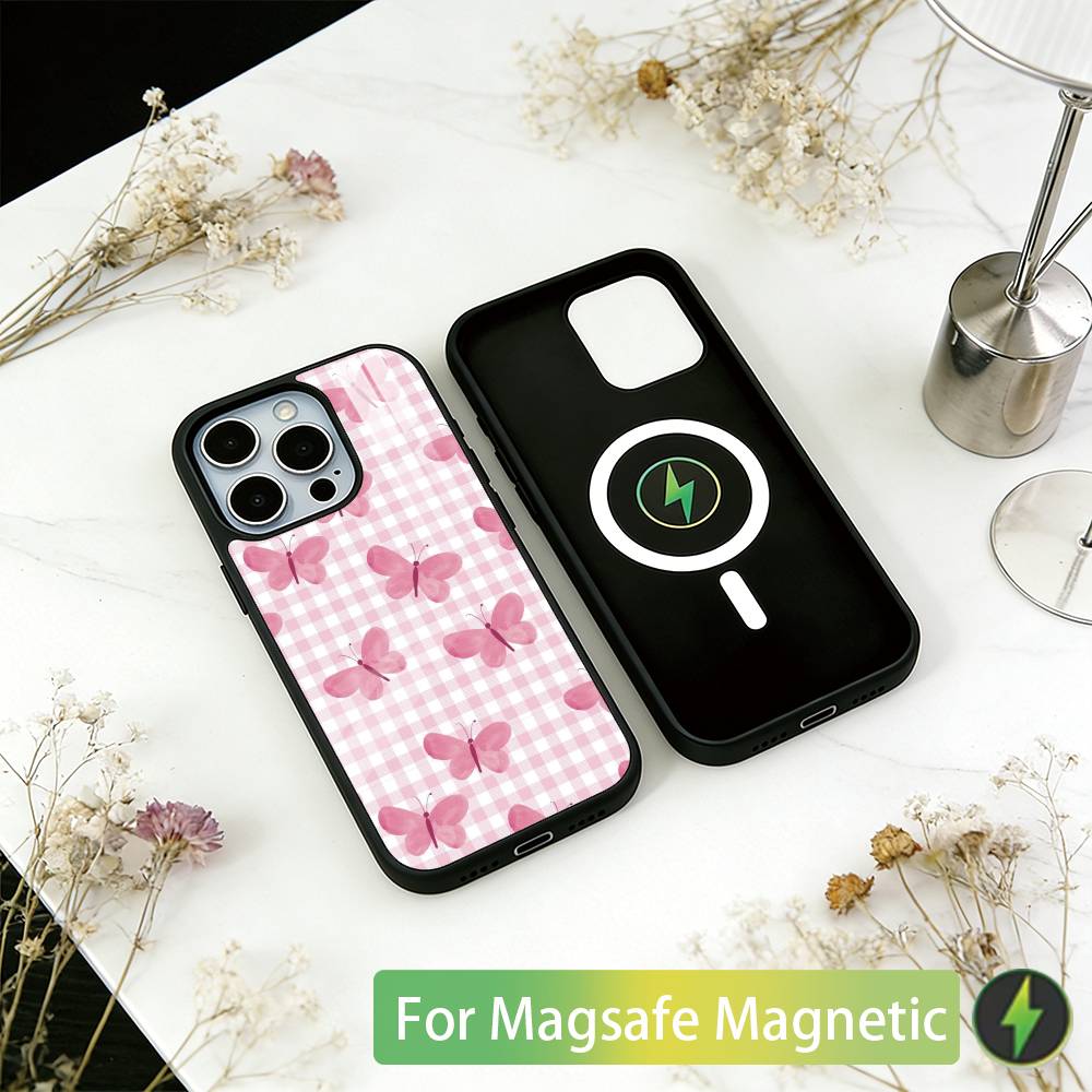 Pink Butterfly Pattern Phone Case For iPhone17,16,15,14,13,12,11 Plus,Pro Magnetic For Magsafe Wireless Charging