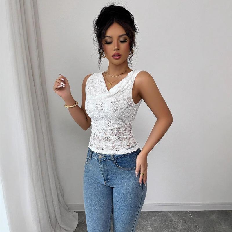 Women Sexy Lace V Neck Slim Fit Sleeveless Top Summer