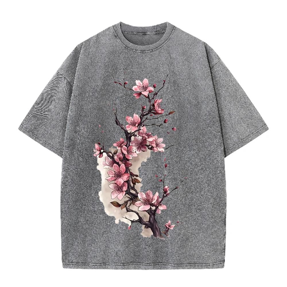 2026 Vintage Washed Beige Chinese Ink Cherry Blossom Graphic T Shirt Floral Print Oversized Casual Short Sleeve Tee