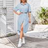 Denim Dress for Women Short Sleeve Jean Dress Button Down Lapel Shirt Dress Summer Midi Shift Dress with Pockets