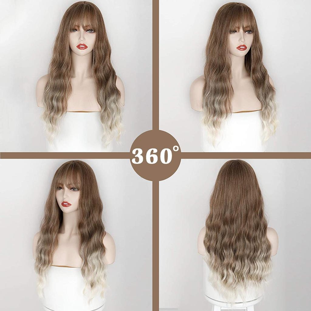 MERISIHAIR Ladies Fashion Long Curly Hair Wig with Bangs Synthetic Fiber Wavy Wig Black Brown Blonde Blue for Women Cosplay Daily Wear