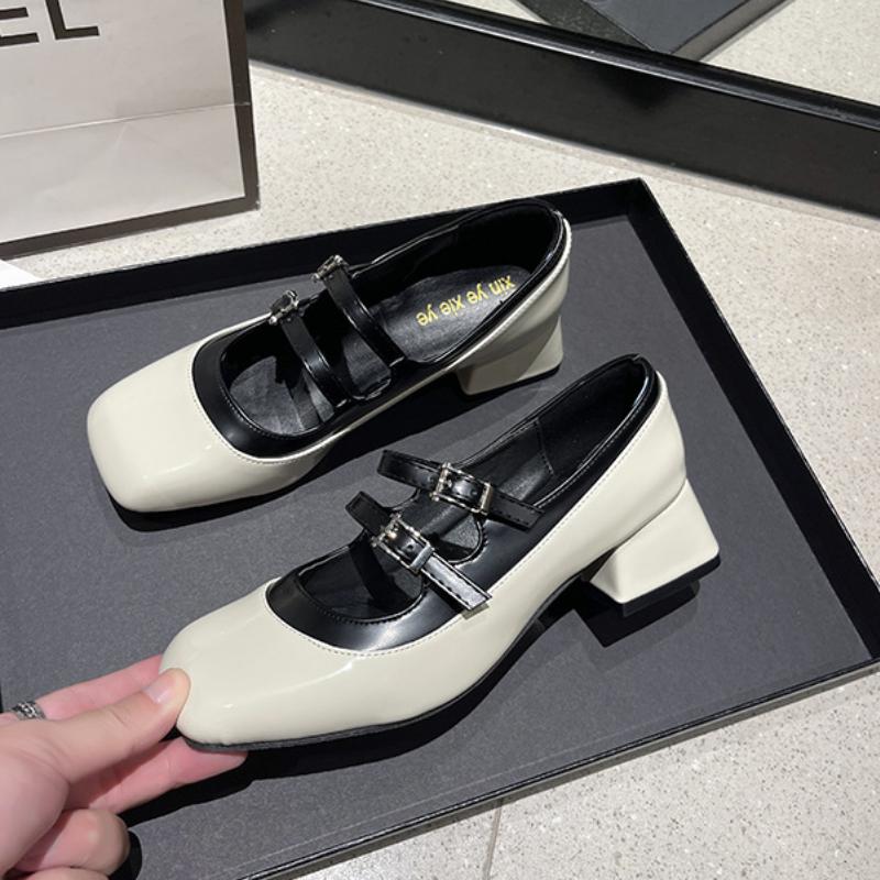 Fashion Design Sense Mary Jane Single Shoes Women's 2024 Autumn New Square Head Middle Heel Temperament Women's Single Shoes Platform