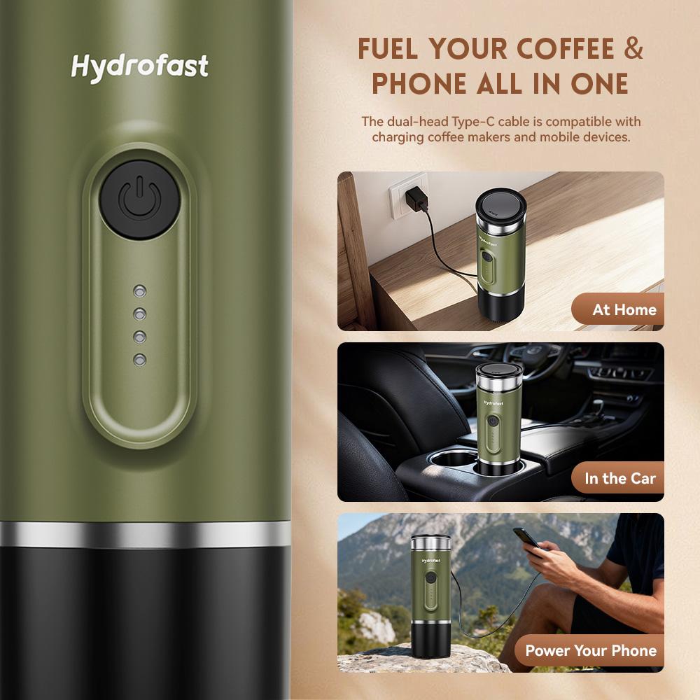 Hydrofast PO-100 Portable Espresso Maker, 15-Bar Pressure, 7800mAh Battery, 2-in-1 Capsule & Ground Coffee, Wireless Heating, Compact Travel Design