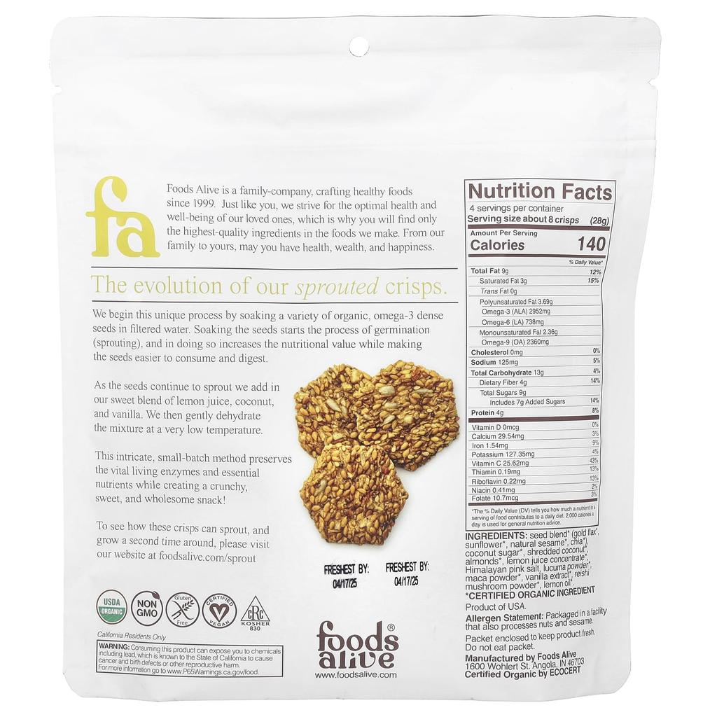 Foods Alive, Пророщенные хрустящие чипсы, лимонный лимон, 4 унции (113 г)
