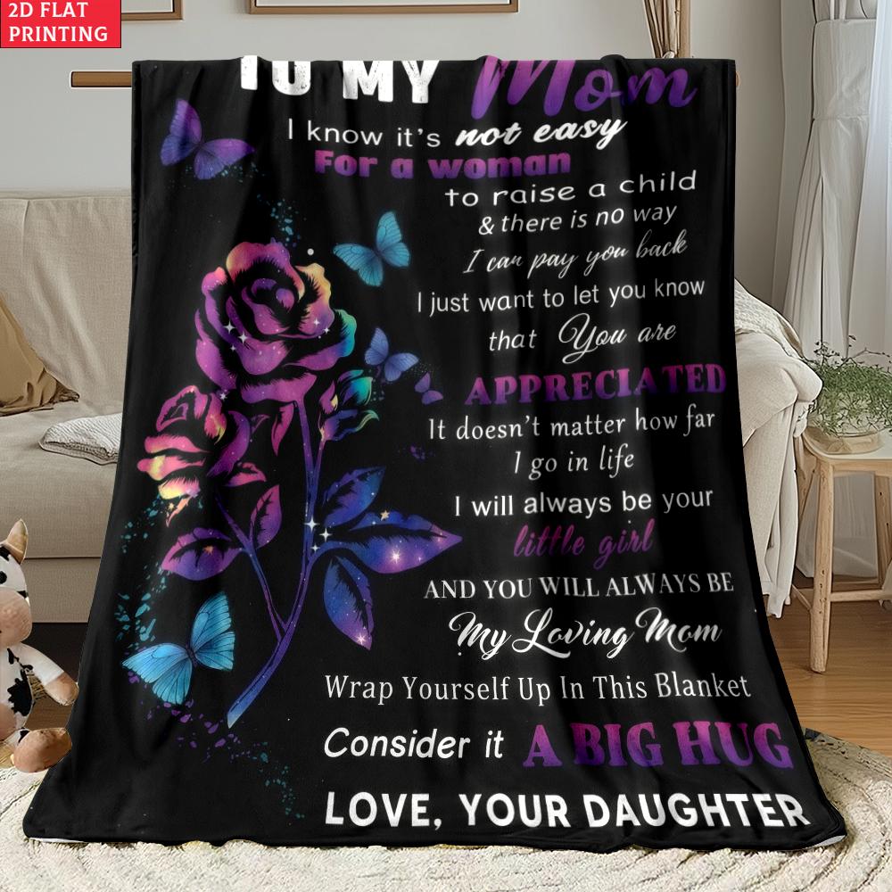 To My Mom Print Flannel Blanket,Purple Rose Butterfly Warm Throw Blanket, Mother's Day Gift from Daughter, Cozy Bed Sofa Blanket