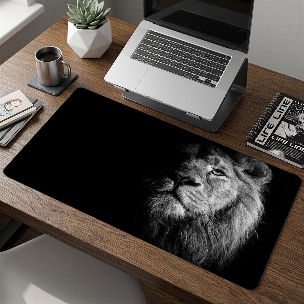 Desk Mat Majestic Black White Lion Beast Print Stitched Edge AntiSlip Rubber Mouse Pad For Gaming Working Home Laptop Computer