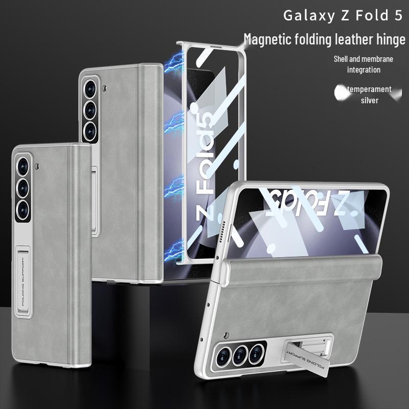 Кожаный чехол для Samsung Z Fold5: Магнитный шарнир, Полное покрытие, Подставка, Защита от пересечения границ
