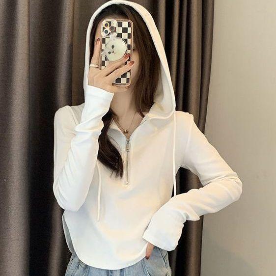 Women's Spring Autumn Hooded Half-Zip Long Sleeve Ribbed Slim Fit Top
