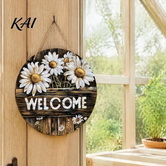 Wooden Sign Gift for Friends Daisy Welcome Front Door, Rustic Farmhouse Hanging Wall Decor Ornament Living Room with Hemp Rope, Wood Plaque
