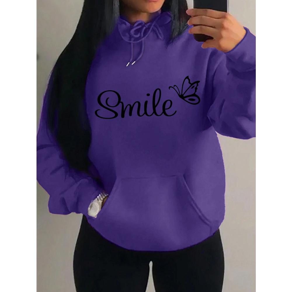 Smile Font Language Butterfly Pattern Hoody For Women Sport Pocket Clothing Cute Multicolor Streetwear Autumn Fashion Hoodies