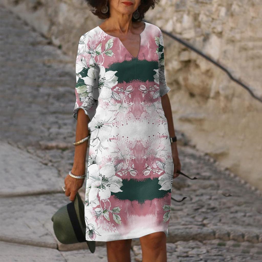 Women's Summer Casual Fashion Five-quarter Sleeve Printed V-Neck Loose Mid-Length Dress