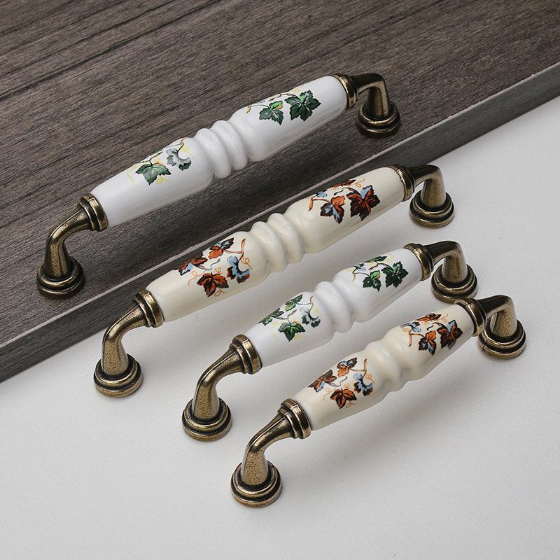 Античная коричневая, красная и зеленая керамическая ручка для ящика шкафа в стиле кантри с листом