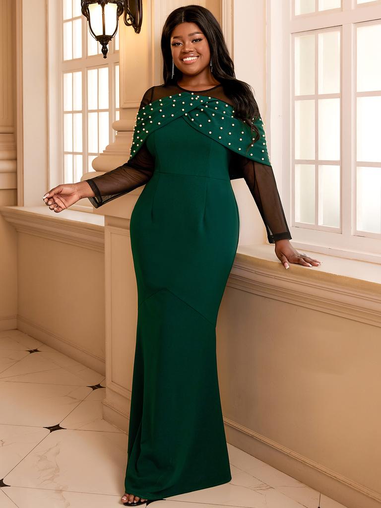 AOMEI Длинные платья для женщин, сетчатые лоскутные платья с бисером и длинными рукавами, русалка, новый день рождения, свадьба, гость, вечерние платья