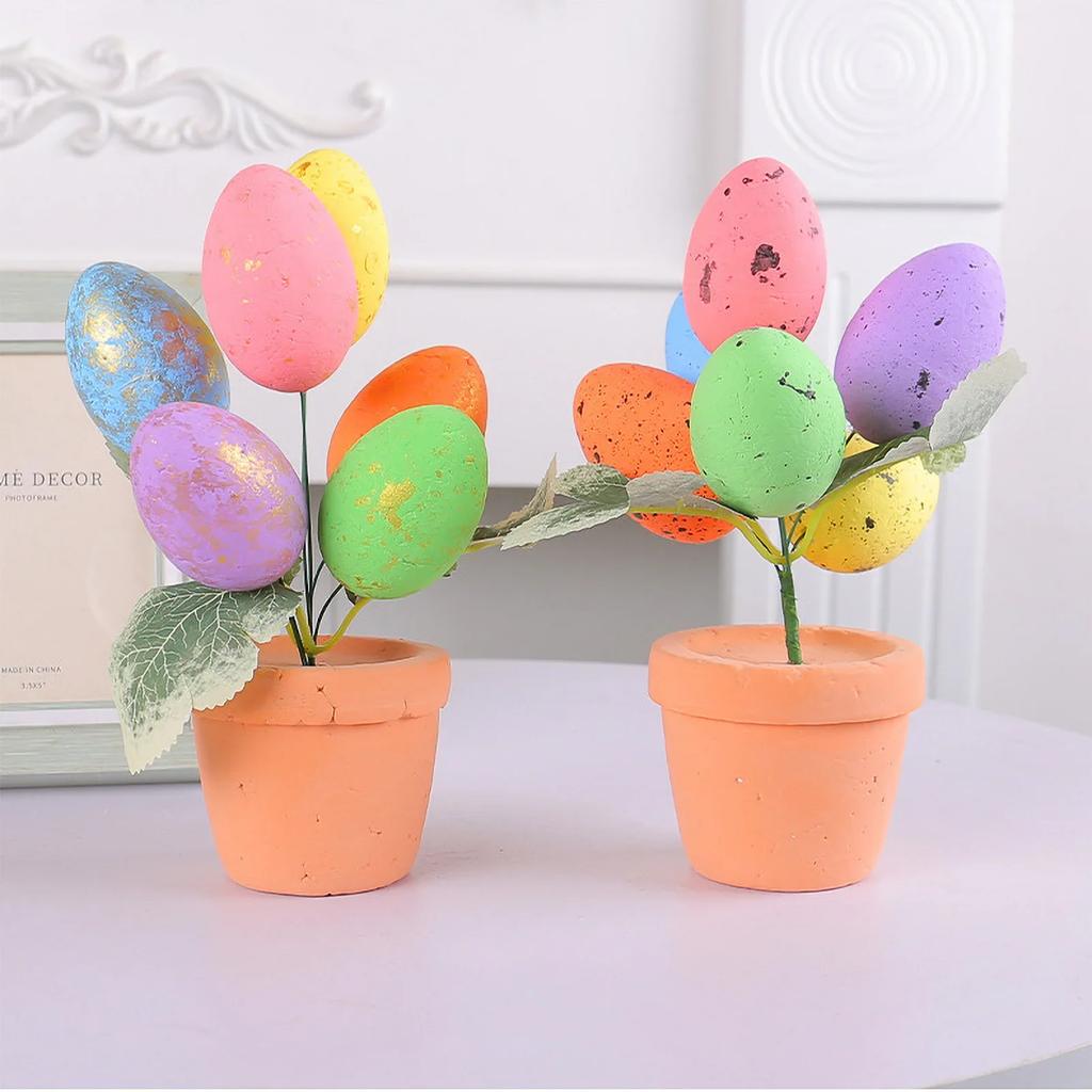Easter Simulation Egg Potted Flower Tree Cartoon Printed Eggs Easter Desktop Decorative Ornaments Home Decor