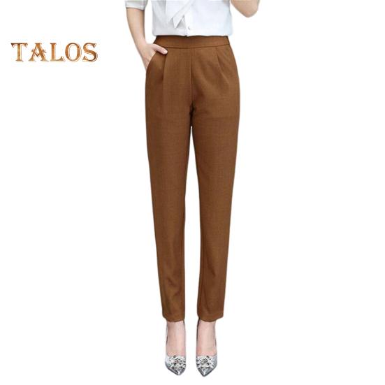 Women Pants Elastic High Waist Solid Color Slim Fit Trousers with Pockets Casual Commuting Style Office Lady Pants