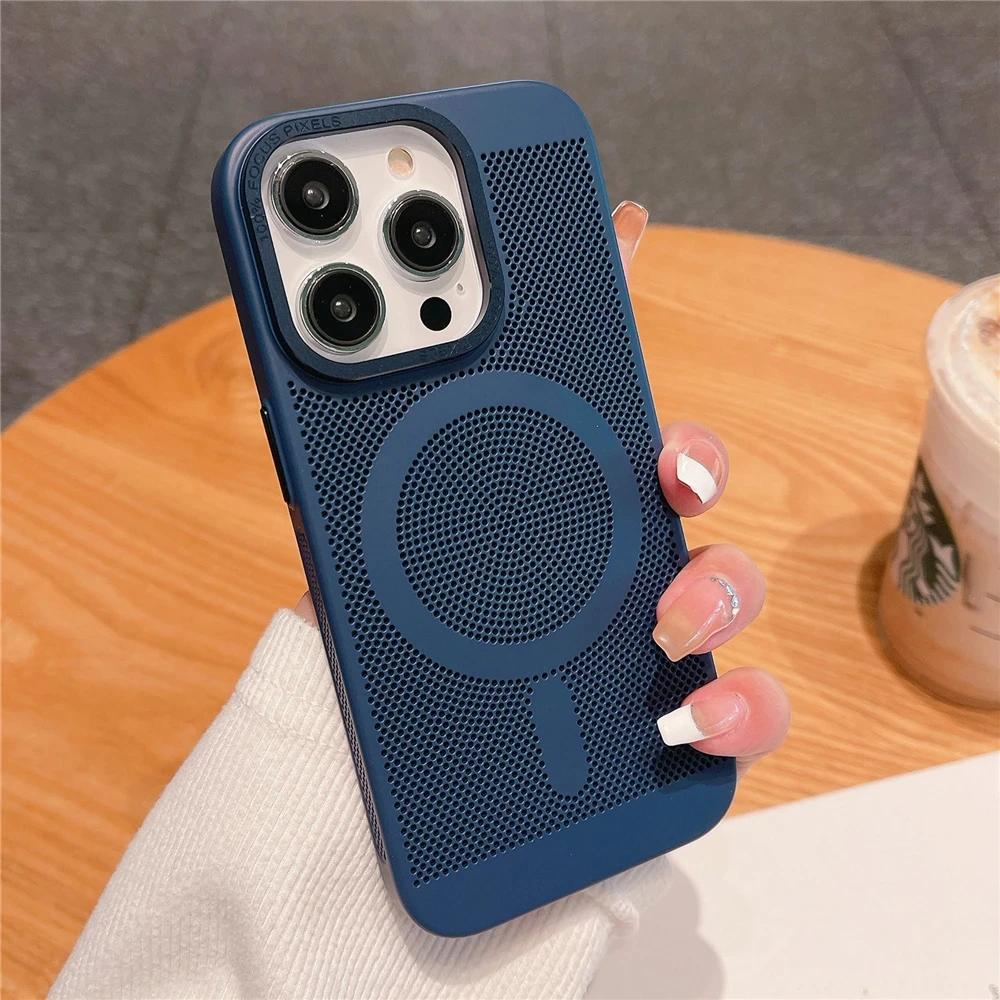 Ultra Thin Heat Dissipation Mesh Grid Magnetic Case for iPhone 15 13 12 14 11 Pro Max Matte Hard Steel Magsafing Shockproof Cove
