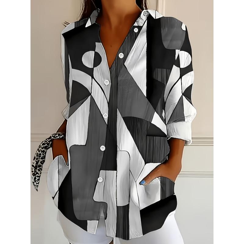 Fashion Casual Color Block Print Women'S Plus Size Long Sleeve Shirt with Buttons
