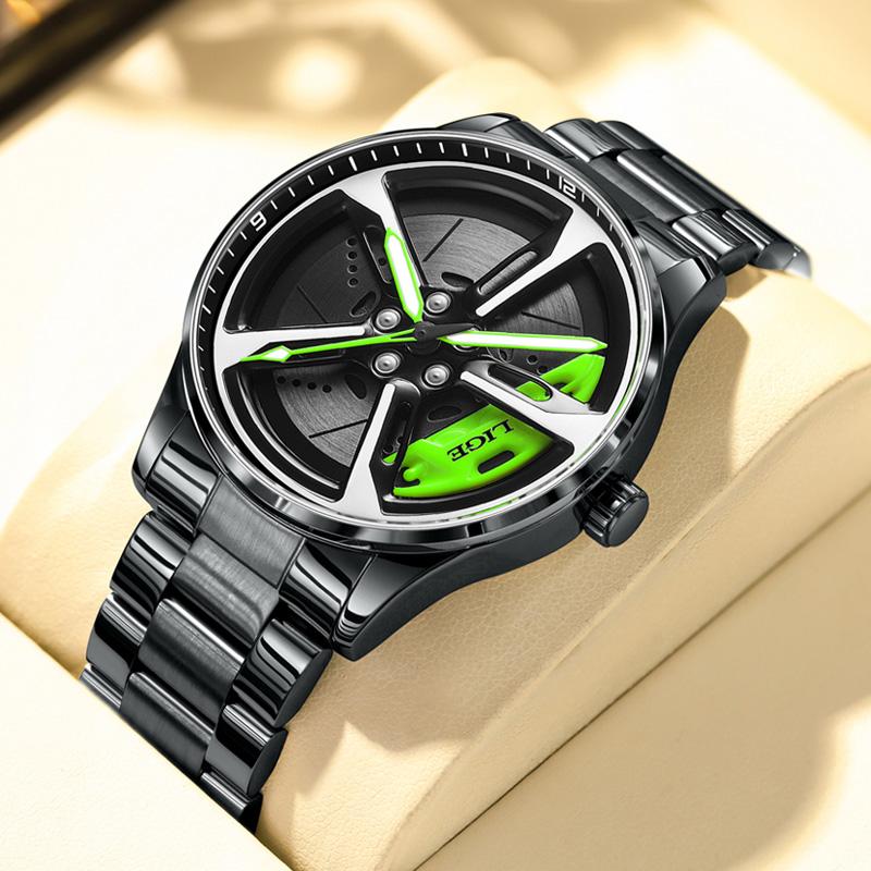 LIGE Fashion Mens Car Wheel Watches Luxury Steel Waterproof Watch for Men Quartz Wrist Watches Male Clock Relogio masculino