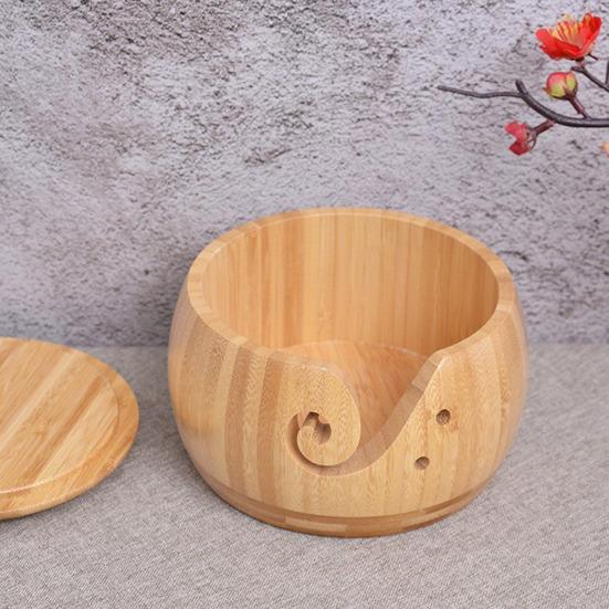 Деревянная миска ручной работы для пряжи с гладкой поверхностью и отверстиями Прочный органайзер для хранения вязания Деревянная миска для хранения рукоделия