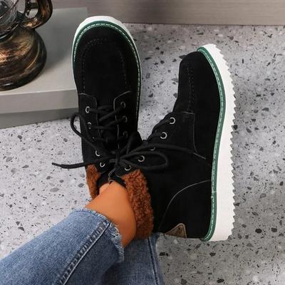 Мода 2024 Фирменная обувь для женщин На шнуровке Женские ботинки Зимние С круглым носком Комбинированные цвета Флоковая Плюшевые Теплые Удобные На низком каблуке Ботинки