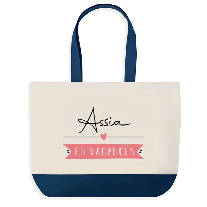 Tote bag - PLANETEE - Assia en Vacances - fond bleu - coton - 40 x 45 cm