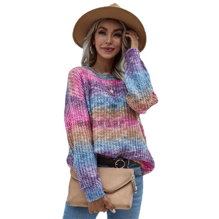 2024 Осень Европейский и Американский Новый Зимний Пуловер Полосатый Круглый Вырез Вязаный Свитер Свободный Плюс Радужный Свитер Для Женщин