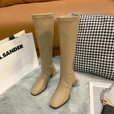 Модная женская обувь 2024 года, горячая распродажа, женские сапоги с молнией сзади, модные современные сапоги с квадратным носком, женские зимние сапоги больших размеров, однотонные сапоги до колена