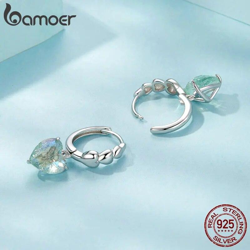 Bamoer 925 Sterling Silver Mint Green Heart Drop Earrings White Gold Plated Ear Buckles for Women Girls Party Fine Jewelry Gift