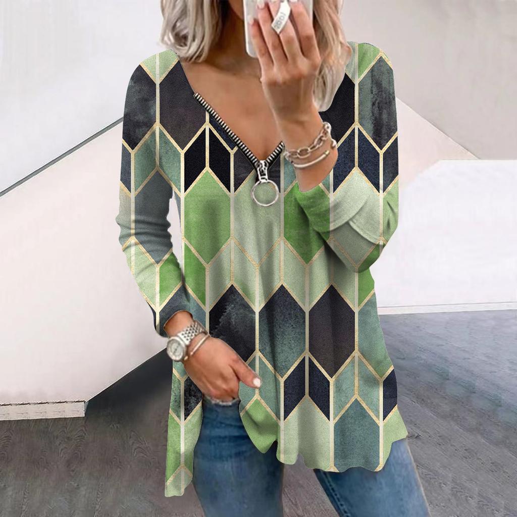 Женские осенние футболки с длинным рукавом и геометрическим принтом в форме ромба, свободные футболки с V-образным вырезом больших размеров, удобные блузки