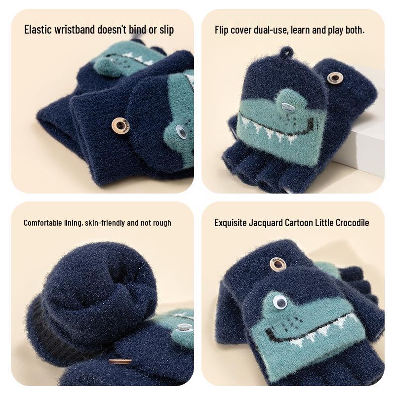 Cozy Cartoon Crocodile Flip-Top Kids' Gloves