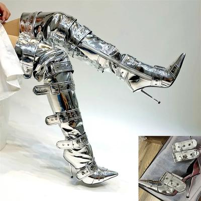 Модные синие джинсовые ботфорты с металлическими заклепками и серебристой пряжкой, женские, сексуальные, в панк-стиле, с серебристой пряжкой на ремне, 12 см высокий каблук, сандалии, размеры 34-43