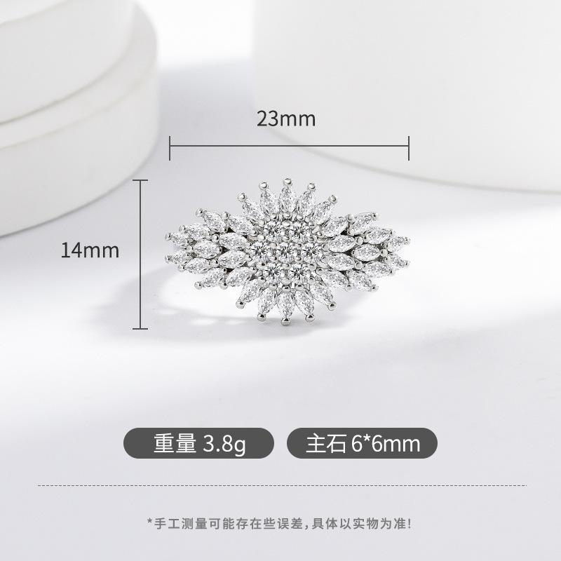 925 Sterling Silver 18K Gold Plated Sunflower Shape Paved Diamond Adjustable Open Ring for Women Wedding Party Jewelry Wholesale