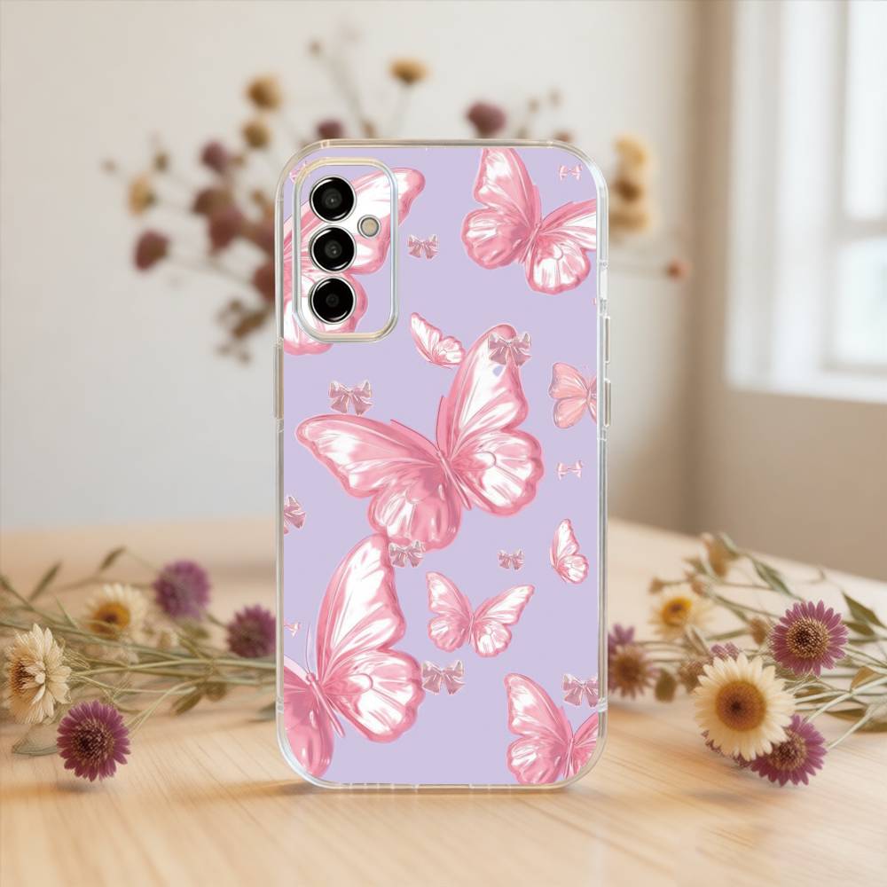 Pink Butterfly Pattern Phone Case For SamsungA10,12,20,21S,30,31,40,50,51,52,70,71 Transparent Cover