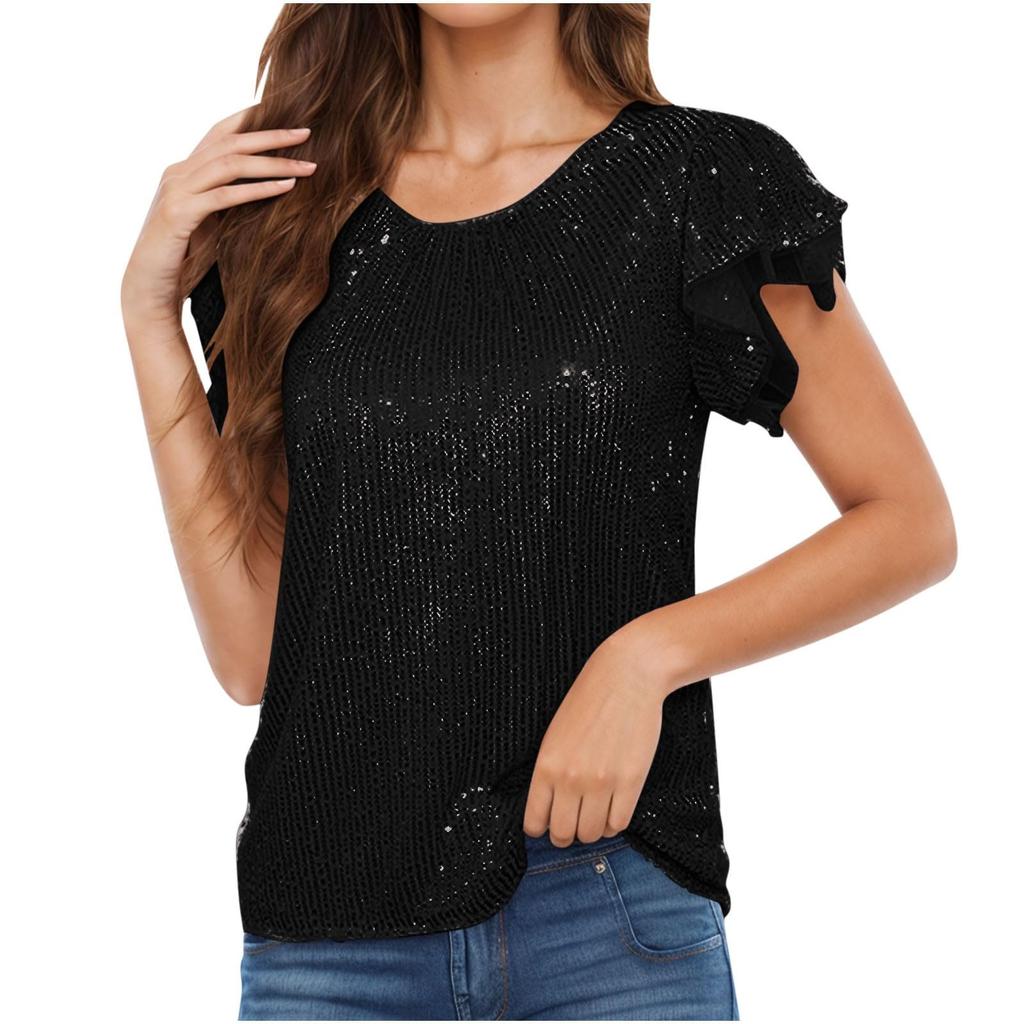 Women's Fashion Solid Color Round Neck Ruffle Sleeve Sequins Casual Blouse Tops
