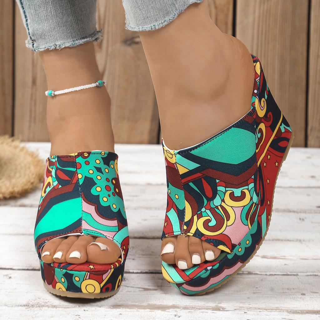 Fashion Colorful Graffiti Women Wedge Sandals Summer Peep Toe Platform Shoes Woman Fashion Thick Bottom Beach Sandals Zapatos De Mujer