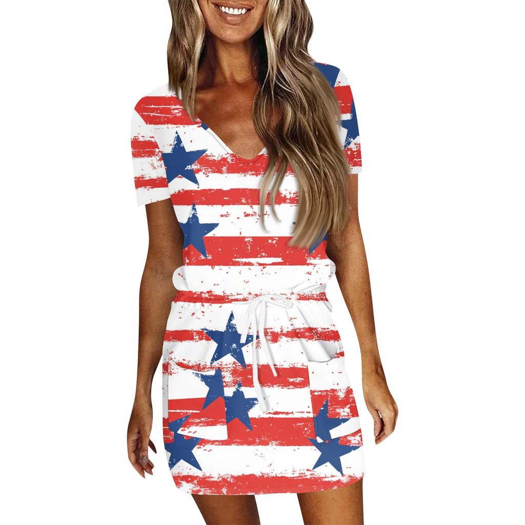 Женское летнее повседневное модное платье с короткими рукавами и кулиской на день независимости