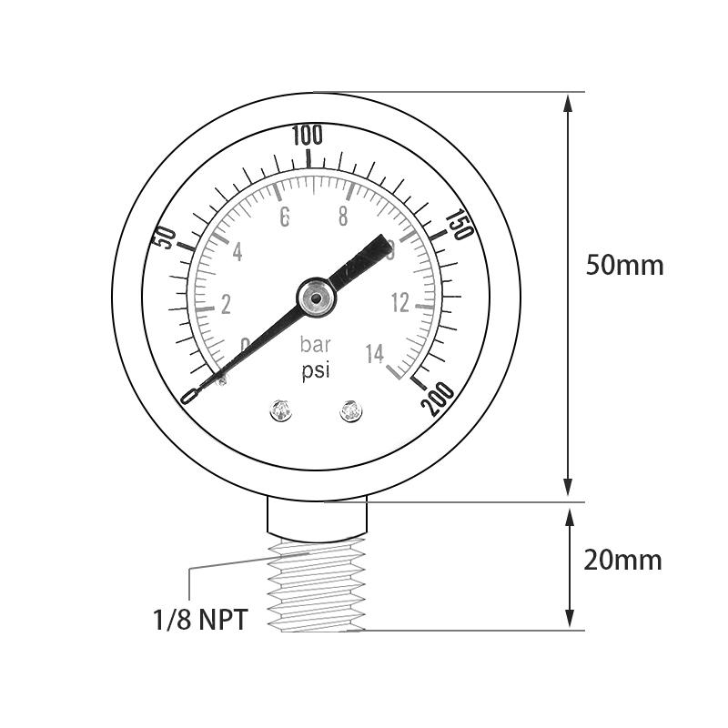 TS-Z52 0-200 PSI/0-14 Bar Range Gas Pressure Gauge Stainless Steel Dual Scale Multipurpose Oil Water Pressure Gauge