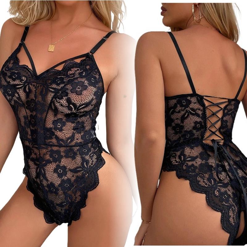 European & American Strappy Lace See-Through Open Crotch Backless Lingerie