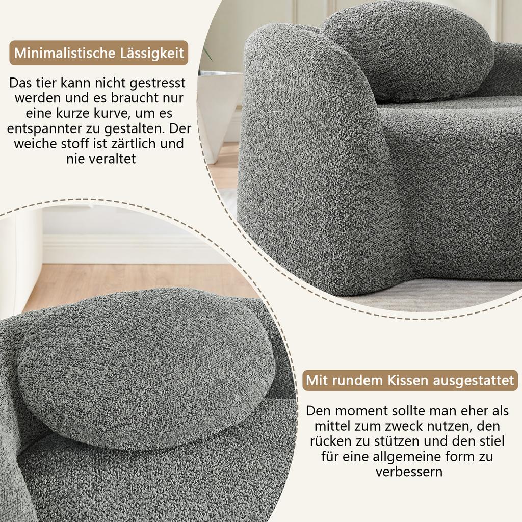 Minimalist Teddy Fleece Sofa with Rounded Design, Soft Upholstered Couch with Cushion, Versatile for Living Room, Bedroom and Studio, Gray