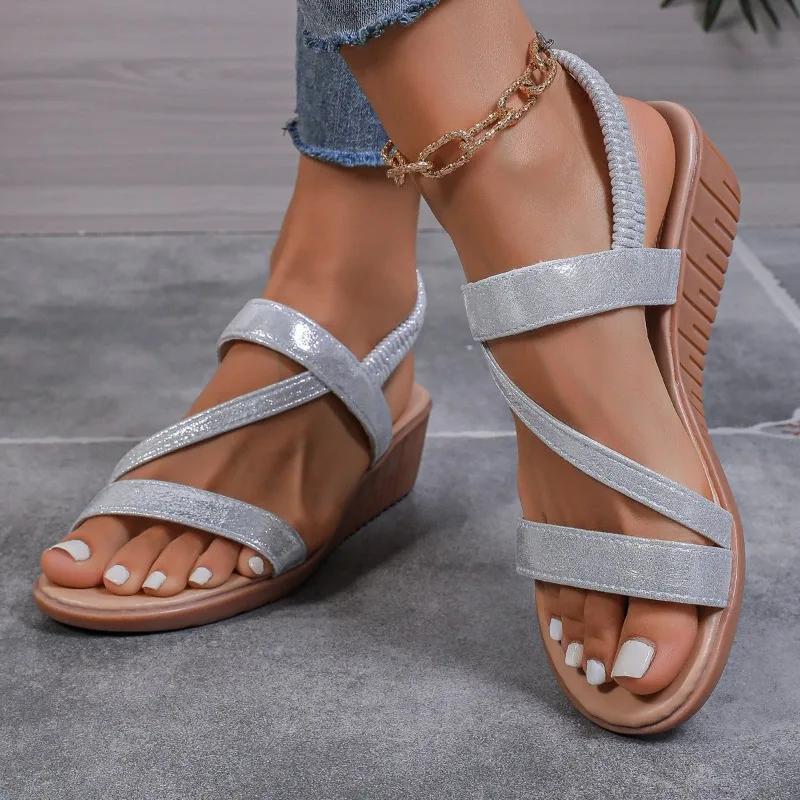 2024 Высококачественная обувь для женщин, женские сандалии с эластичной резинкой, летние повседневные сандалии, женские босоножки на танкетке с открытым носком, большие размеры, женская обувь