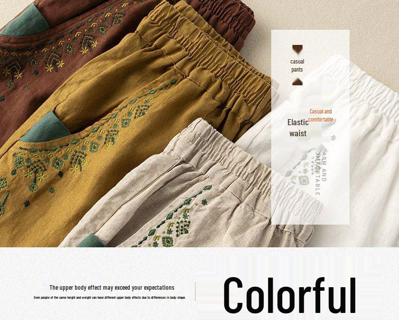Женские ретро вышитые хлопково-льняные брюки-морковки: 2024 Свободный стиль гарема для весны, лета и осени