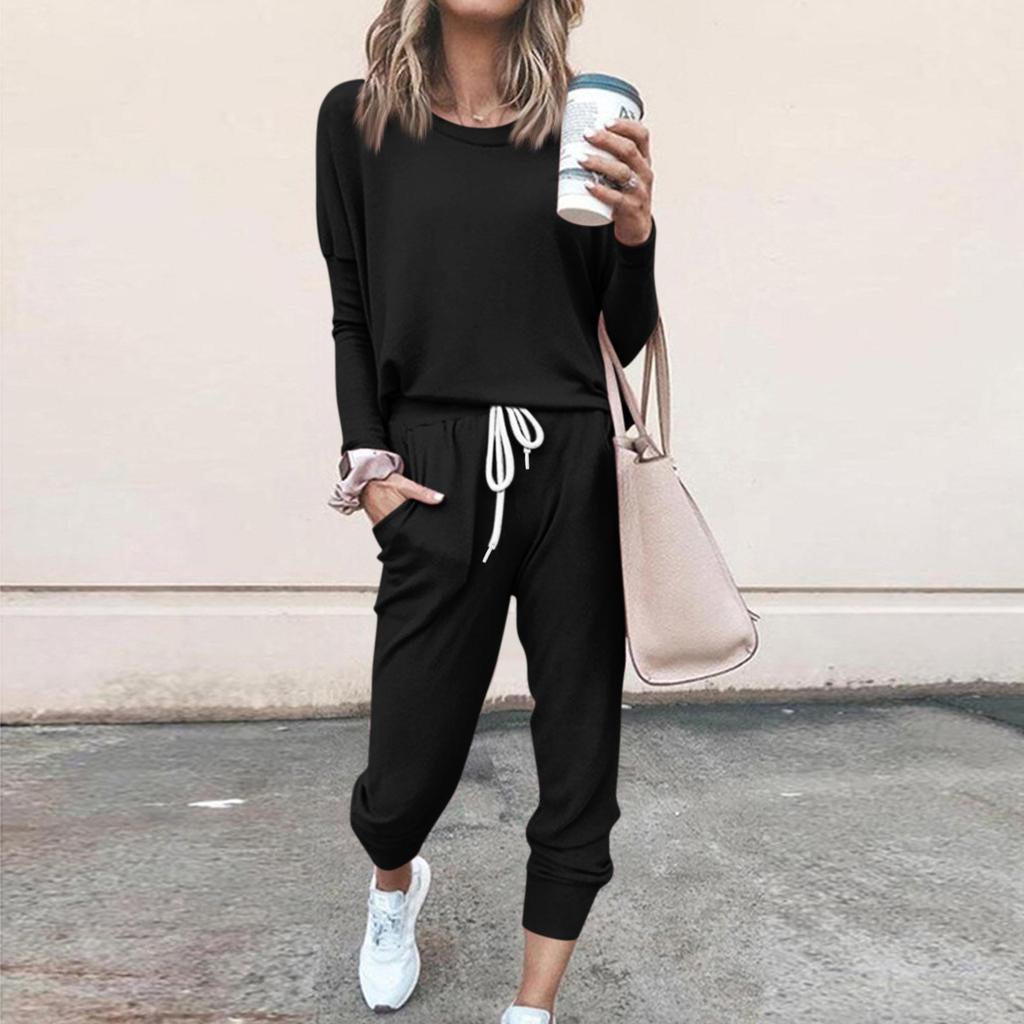 Наборы для женщин, комплекты из 2 предметов, рубашки с длинными рукавами и круглым вырезом, спортивные штаны на шнурке, карманные комплекты